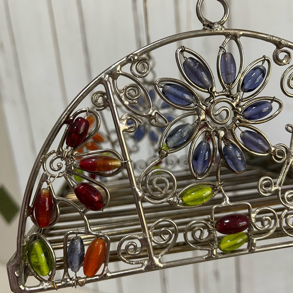 Vintage Glass Like Beaded Silver Napkin Holder with Beaded Handle - Picture 10 of 16